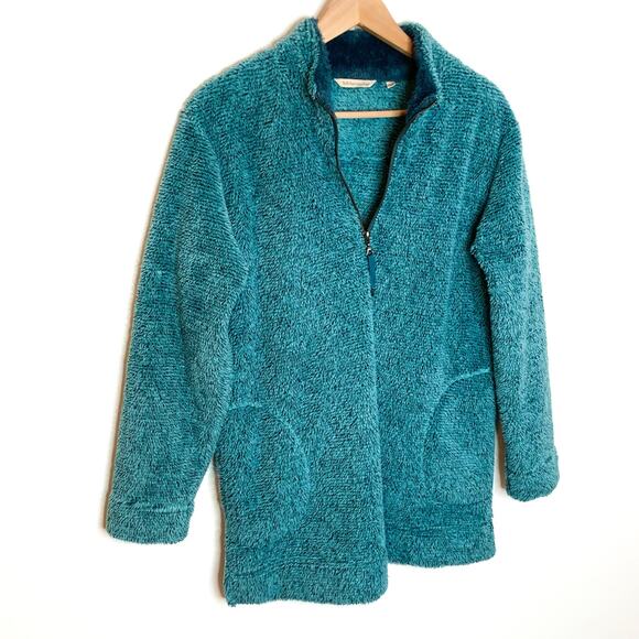 Soft Surroundings Women's Sherpa Pullover Sweater Small Blue Quarter Zip Pockets - Picture 3 of 12